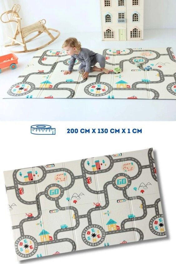 Coolmats Katlanabilir Oyun Matı, Tek Taraflı Çocuk Oyun Halısı Aktivite Oyun Alanı - Araba Yarışı