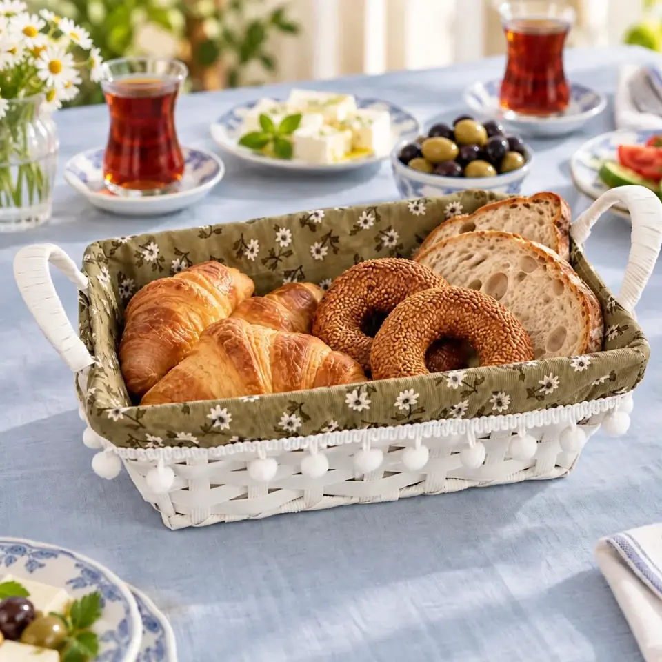 Hasır Dikdörtgen Ponponlu Yeşil Astarlı Ekmek Sepeti