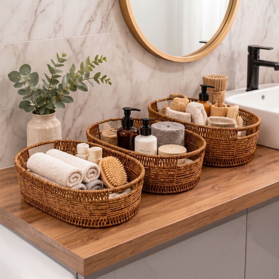 Üçlü Oval Rattan Sepet